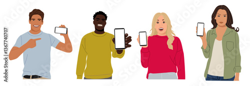 Set of different people showing mobile phone screen. Multiethnic Men, women holding smartphone with blank screen. Phone mockup. Flat vector cartoon illustrations isolated 