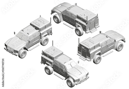 Four white Armored vehicles are shown in a row. The vehicles are all white and have a similar design, with a large roof. Isometric view. 3D.