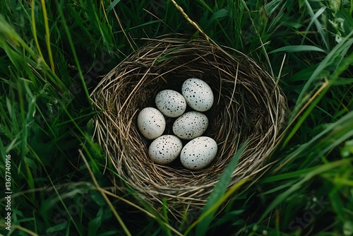 Bird's Nest with Speckled Eggs in Lush Green Grass