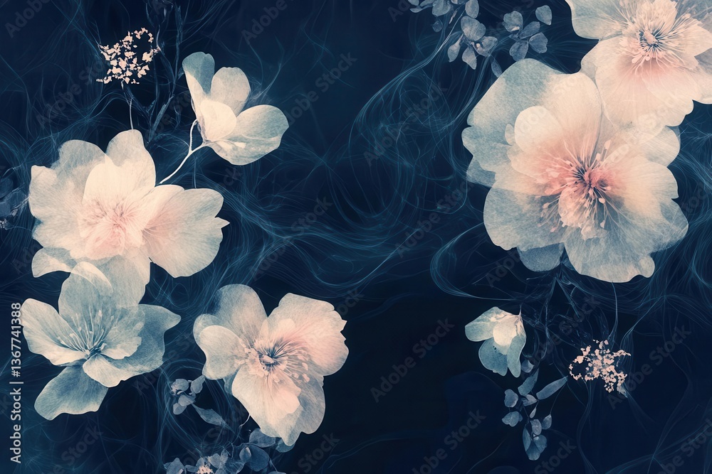 delicate watercolor flowers in soft pastels flowing across deep indigo background creating ethereal seamless pattern with botanical elements