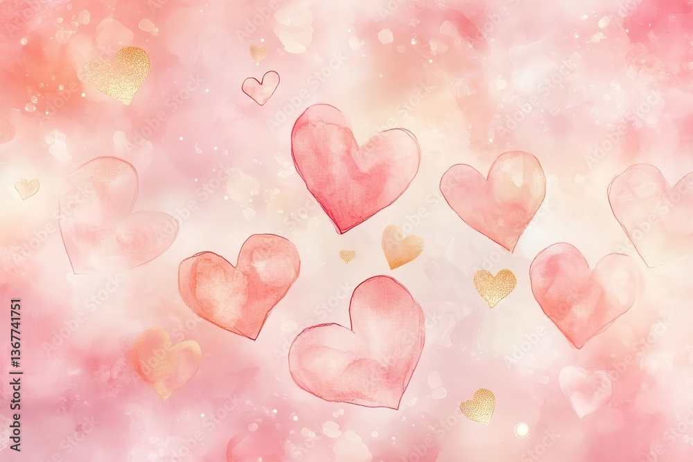 delicate watercolor heart pattern in pastel pink and coral tones featuring floating ethereal hearts with gold accents and dreamy bokeh effects