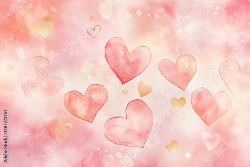 Obraz na płótnie delicate watercolor heart pattern in pastel pink and coral tones featuring floating ethereal hearts with gold accents and dreamy bokeh effects w salonie