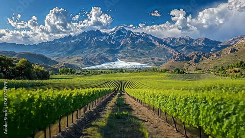 Lush vineyards stretch across the landscape, framed by towering mountains and a brilliant sky. This setting showcases the beauty of nature and agriculture in Mendoza Argentina during late afternoon.