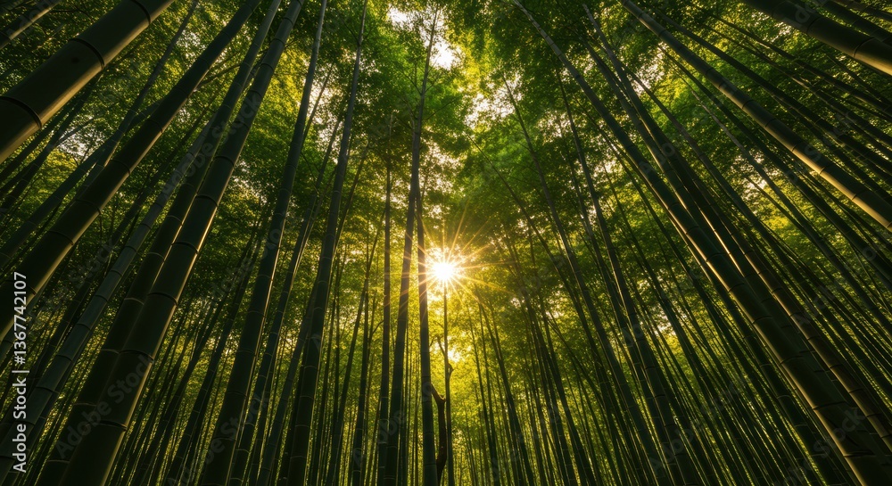 Fototapeta premium Sunlight filtering through a dense bamboo forest, creating a tranquil atmosphere