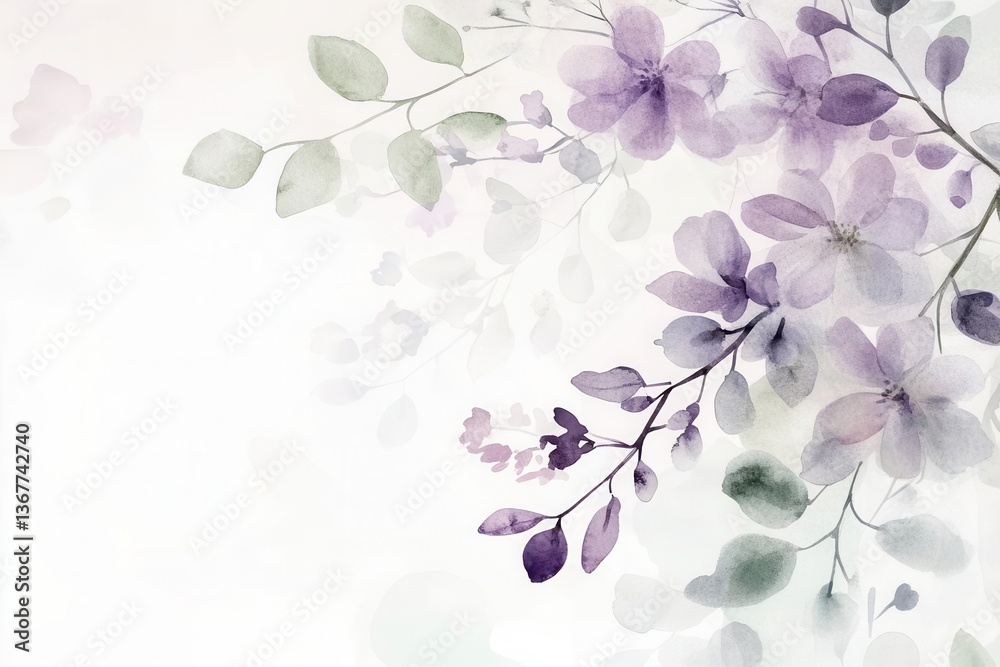 delicate watercolor lavender bouquet soft purple and sage green palette loose flowing style botanical illustration with translucent petals