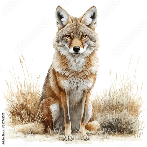 A watercolor painting of a coyote, isolated on a white background. Coyote vector.


