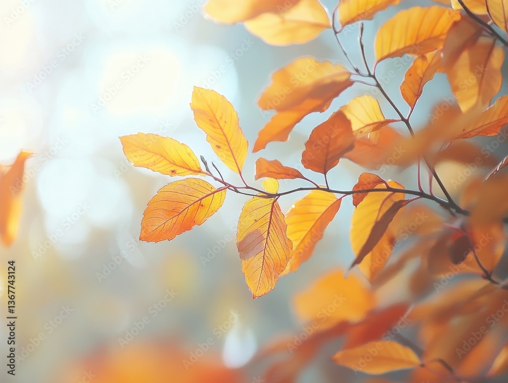 Close-up of a Misty Autumn Forest with Vibrant Orange and Yellow Leaves Glowing in Soft Light Close-up of a Misty Autumn Forest with Vibrant Orange and Yellow Leaves Glowing in Soft Light
