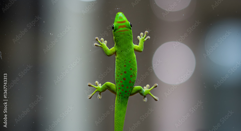 Fototapeta premium Emerald gecko displaying intricate toe pads while clinging to a glass surface