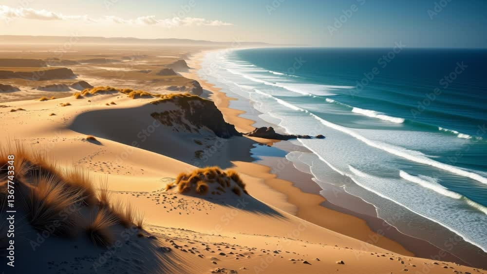 A stunning natural tableau is depicted, featuring meeting of sand dunes and ocean, dynamic coastal front, and peaceful merging of land and sea