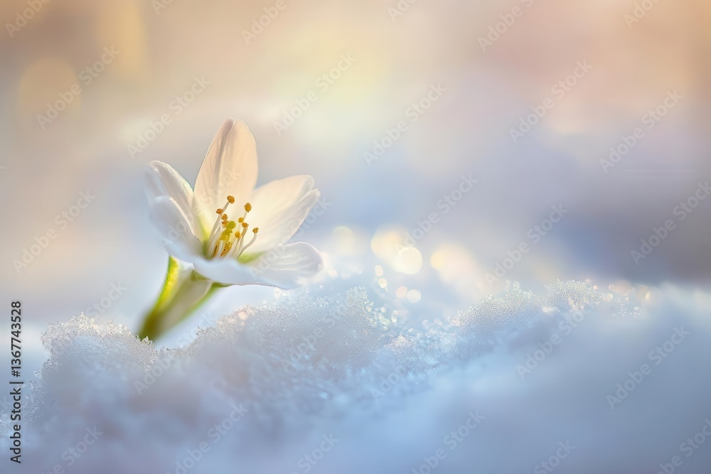 delicate white cherry blossom emerging from snow macro photograph with crystalline details and soft bokeh background