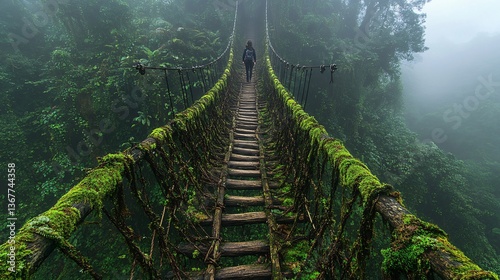 A Lone Traveler Walking Across a Rope Bridge, Suspended Over a Misty Jungle