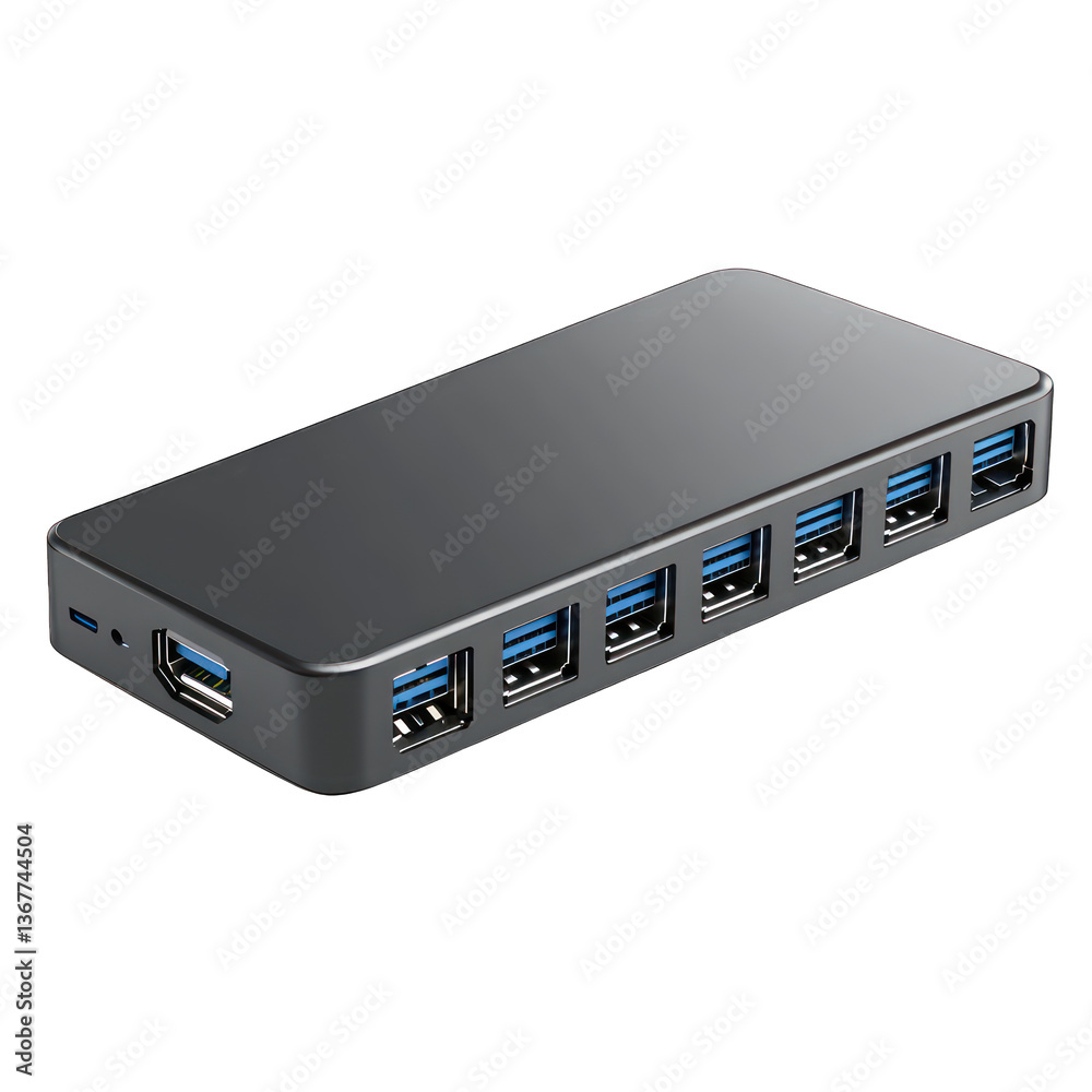 USB-C docking station showcasing detailed compact form and clearly labeled ports, isolated transparent PNG, English text. USB-C docking station showcasing detailed compact form and clearly labeled ports, isolated transparent PNG, English text.
