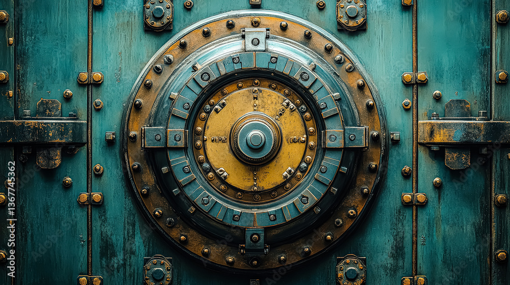 Fototapeta premium Blue and yellow metal object with a circular shape. The object is made of metal and has a lot of bolts and screws. The object has a vintage look to it and he is an old piece of machinery