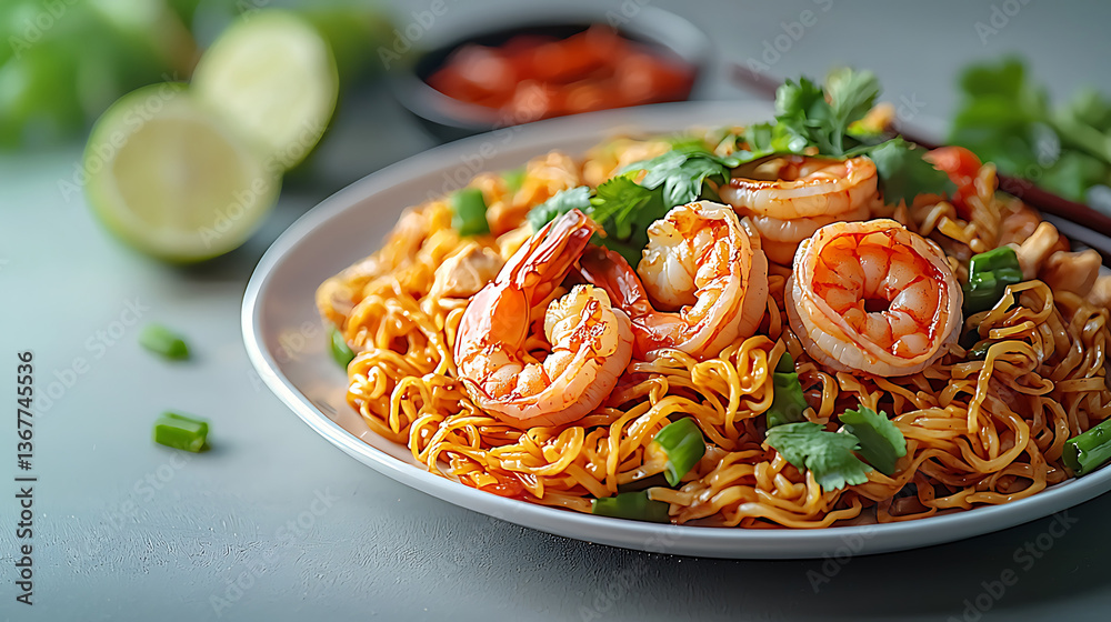 Shrimp noodles on a white plate garnished with cilantro and green onions alongside limes and a side dish. Shrimp noodles on a white plate garnished with cilantro and green onions alongside limes and a side dish.