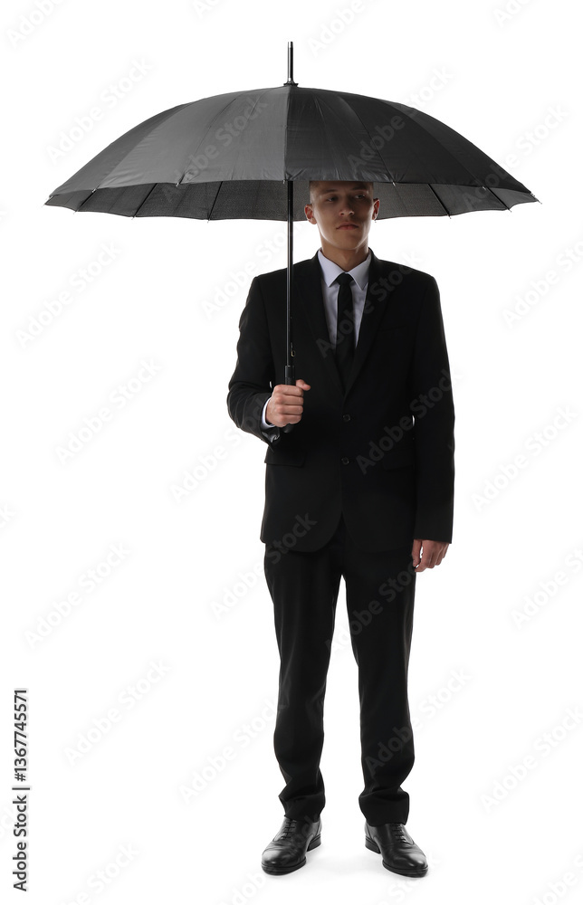 Man in suit with black umbrella on white background Man in suit with black umbrella on white background