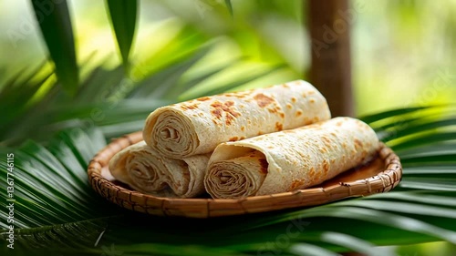 Three Soft, Rolled Flatbreads on a Woven Tray