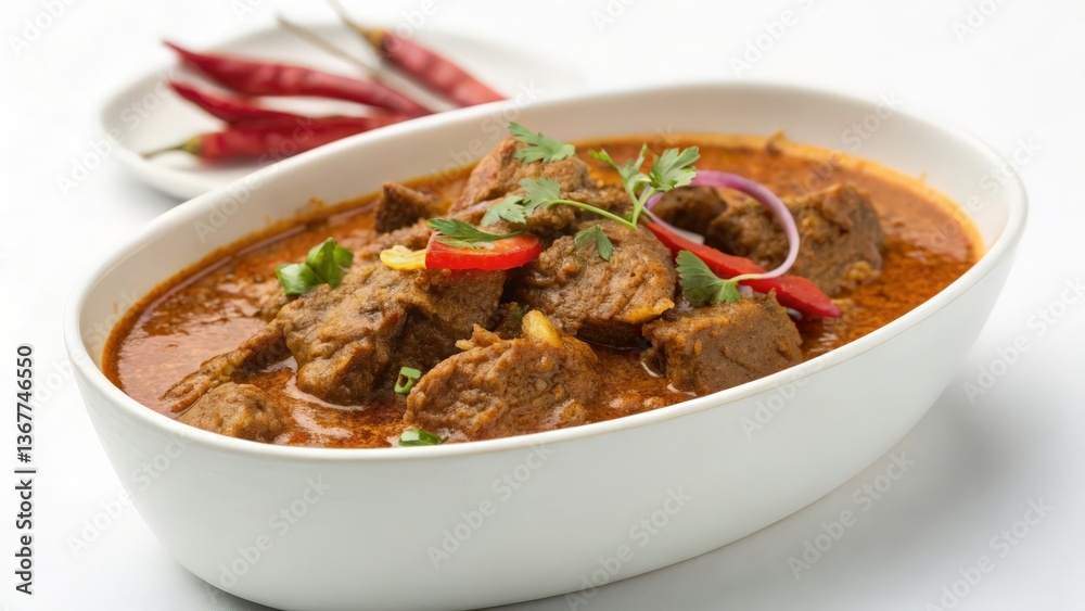 Spicy Beef Curry in a White Bowl Garnished with Fresh Herbs and Red Chili for Authentic Cuisine Photography
Spicy Beef Curry in a White Bowl Garnished with Fresh Herbs and Red Chili for Authentic Cuisine Photography
