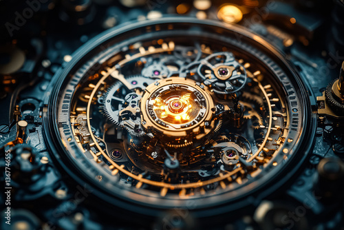 Wallpaper Mural Close up of a clock with a gold face and a red dial. The clock is made of metal and has a mechanical look to it. The clock is set to the time of 10:10 Torontodigital.ca