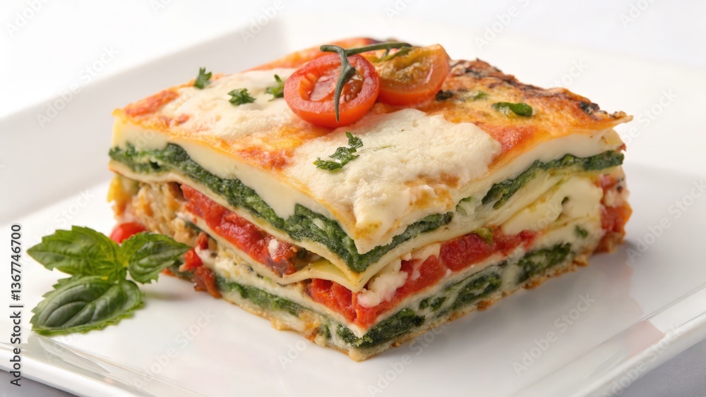 Vegetarian Lasagna with Spinach, Tomato Sauce, and Cheese Garnished with Cherry Tomatoes and Basil
Vegetarian Lasagna with Spinach, Tomato Sauce, and Cheese Garnished with Cherry Tomatoes and Basil