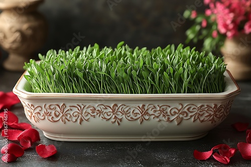  Decorative Dish with Green Sprouts and Red Rose Petals