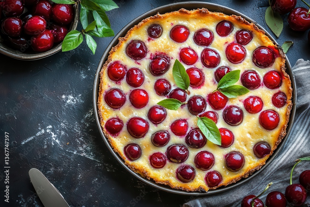 delicious cherry clafoutis dessert artfully presented showcasing the vibrant cherries nestled in a golden batter inviting indulgence
