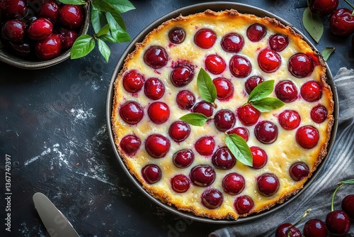 Obraz na płótnie delicious cherry clafoutis dessert artfully presented showcasing the vibrant cherries nestled in a golden batter inviting indulgence w salonie