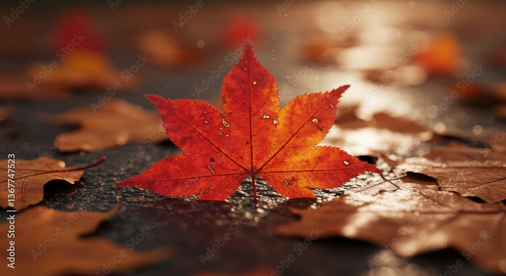 Vibrant red maple leaf resting on wet pavement with droplets, autumn scene Vibrant red maple leaf resting on wet pavement with droplets, autumn scene