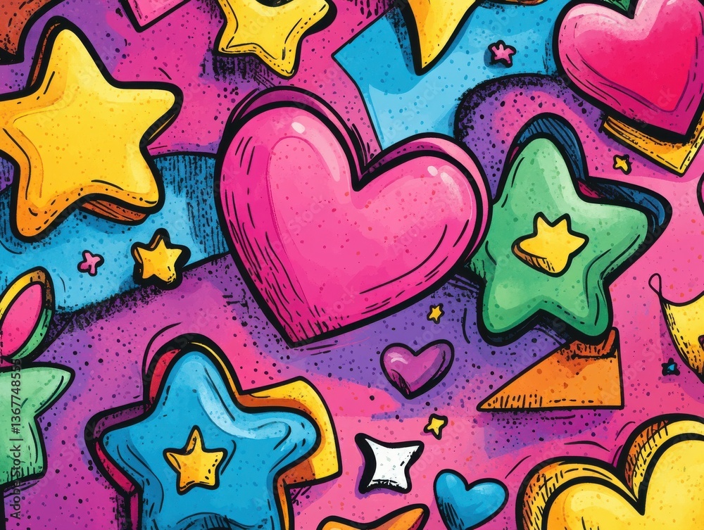 Obraz premium Playful Background of Cartoon Hearts and Stars in Vibrant Colors with Textured Details