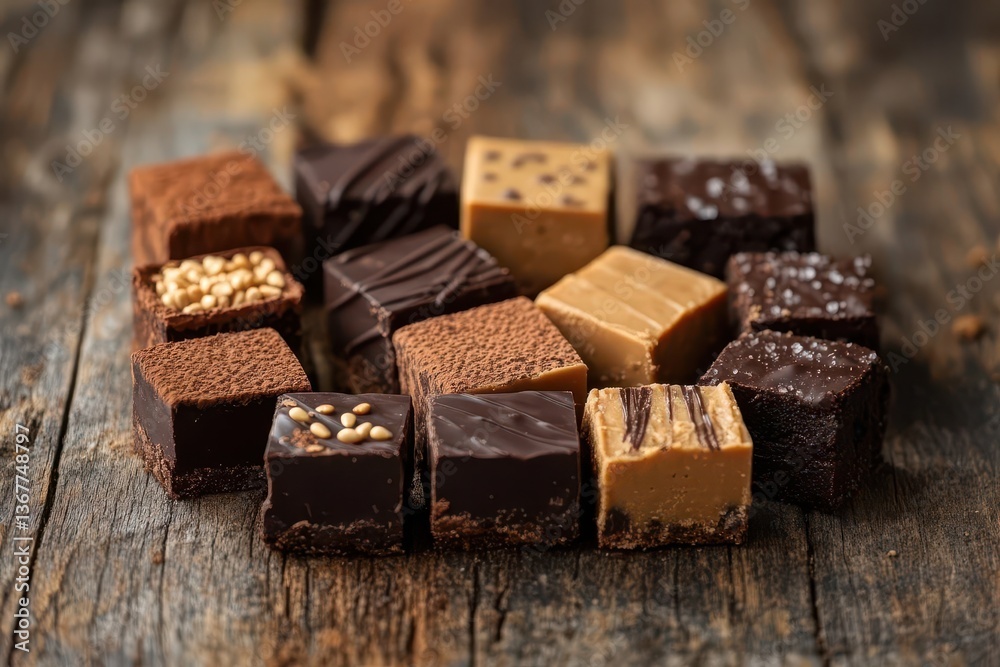 delightful assortment of creamy peanut butter and decadent chocolate fudge squares arranged aesthetically on a rustic wooden table with a soft focus background