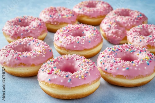 Obraz na płótnie delicious pink frosted donuts sprinkled with colorful toppings laid out against a light blue background inviting indulgence and evoking sweet cravings w salonie