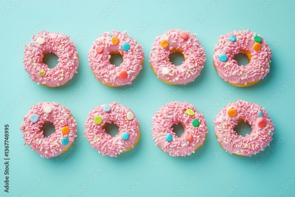 delicious pink frosted donuts sprinkled with colorful toppings laid out against a light blue background inviting indulgence and evoking sweet cravings