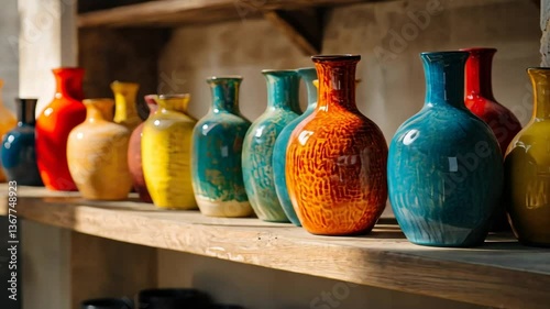 Vibrant Hand-Painted Pottery on Rustic Wooden Shelf