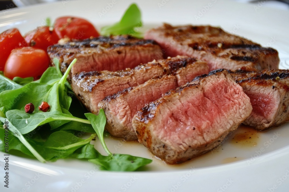 Grilled steak slices arranged beautifully on a plate with fresh arugula and juicy cherry tomatoes Grilled steak slices arranged beautifully on a plate with fresh arugula and juicy cherry tomatoes