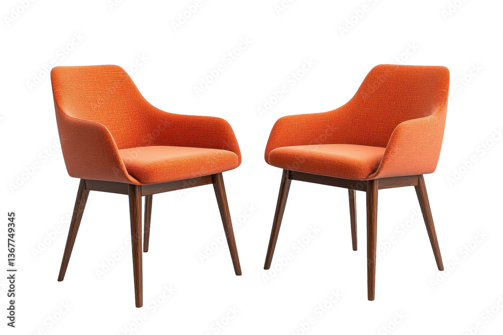 Stylish orange dining chairs arranged harmoniously in a bright, modern interior setting isolated on transparent background
