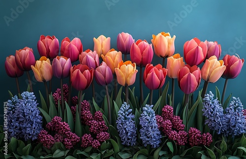Colorful Tulip and Hyacinth Bouquet Against Teal
