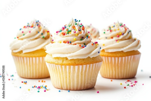 Delightful homemade vanilla cupcakes topped with fluffy frosting and colorful sprinkles isolated on transparent background
