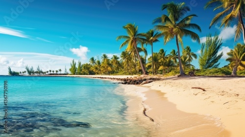 Tropical Paradise Beach A Serene Escape with Turquoise Waters and Swaying Palms on landscape background