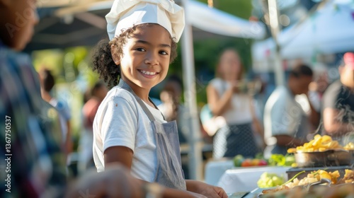 A heartwarming image of a kid chef sharing their culinary creations with others, whether it's serving food at a community event or hosting a cooking demonstration for friends and family.