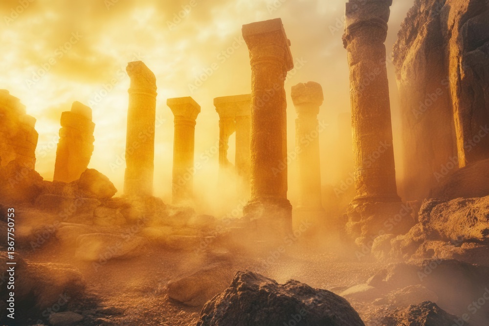 desert temple ruins at golden hour ancient stone columns wrapped in luminous ethereal mist mystical fantasy atmosphere