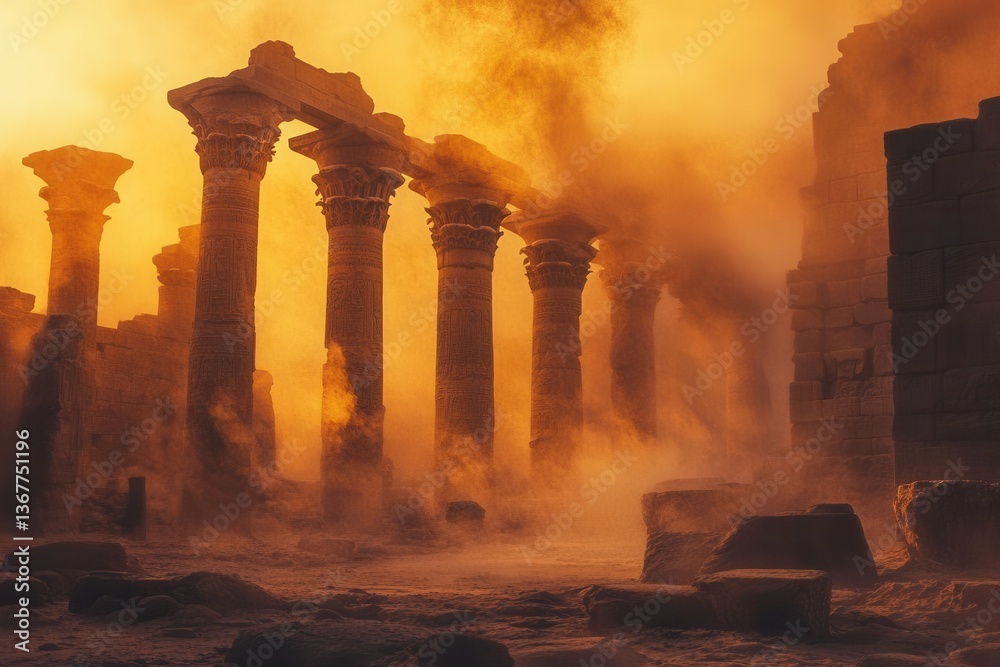 desert temple ruins at golden hour ancient stone columns wrapped in luminous ethereal mist mystical fantasy atmosphere