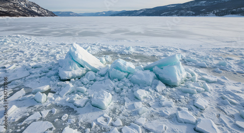 Fractured ice formations amidst a winter landscape under a serene sky