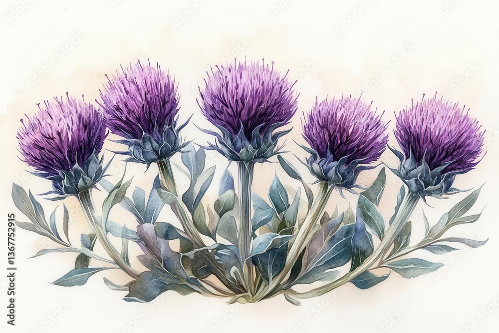 detailed botanical illustration of milk thistle plant with purple flowers and silvery leaves scientific labeling watercolor style on cream paper background