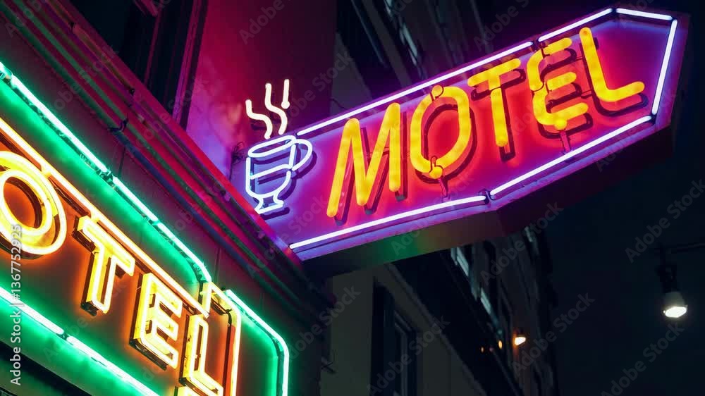 Neon motel signs transition from classic blue to vibrant multicolor night scene Neon motel signs transition from classic blue to vibrant multicolor night scene