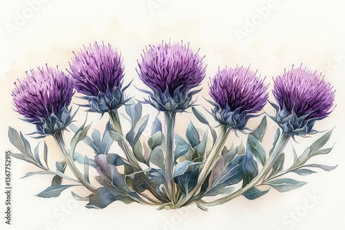 Obraz na płótnie detailed botanical illustration of milk thistle plant with purple flowers and silvery leaves scientific labeling watercolor style on cream paper background w salonie