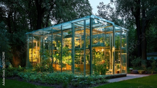 Modern glass conservatory at twilight, filled with lush plants and illuminated from within.