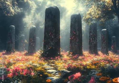 Mystical Stone Pillars Amid Vibrant Forest Blooms