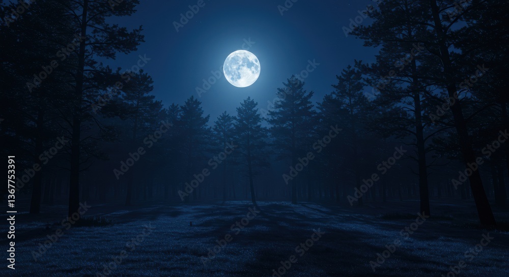 Naklejka premium Serene Moonlit Forest at Night with Tall Trees and Soft Shadows