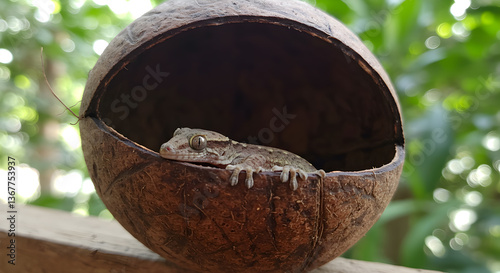 Gecko resting comfortably inside a repurposed coconut shell, nature's cozy hideaway