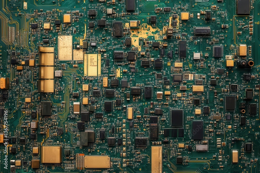detailed depiction of a modern electronic circuit board filled with integrated semiconductors and microprocessors showcasing technological advancement and complexity