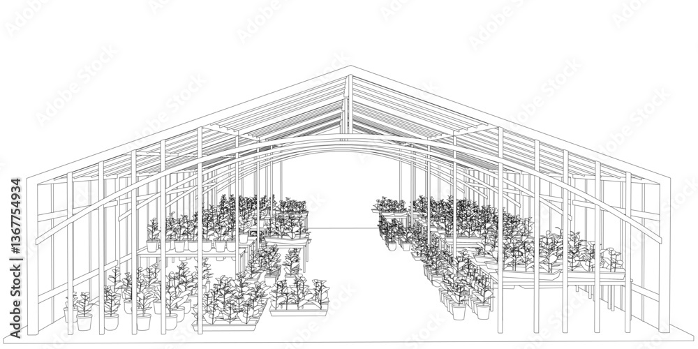 Fototapeta premium A large greenhouse with many plants inside. The plants are arranged in rows and are of various sizes. The greenhouse is open to the sky, allowing sunlight to enter and provide warmth for the plants